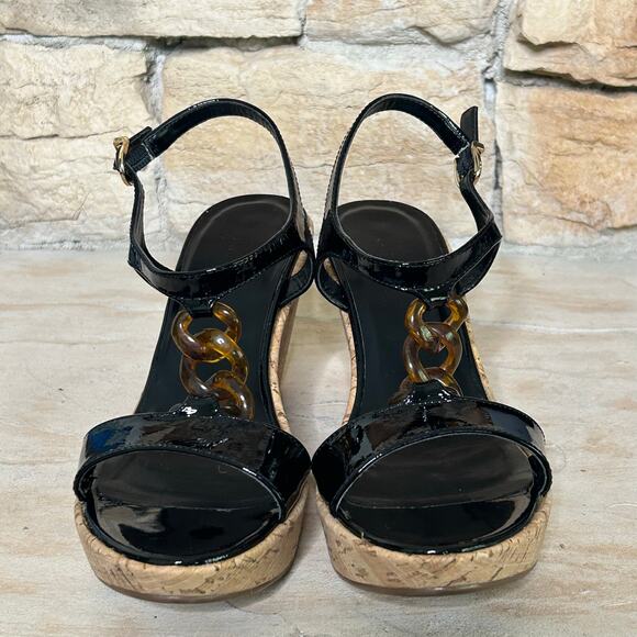 Vaneli Shoes - Vaneli Emalee Black Patent Ankle Strap Cork Wedge Peep Toe Sandals Sz 8